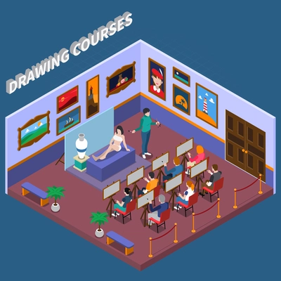 Drawing courses in art gallery with teacher, audience, girl model,  isometric composition on blue background  vector illustration