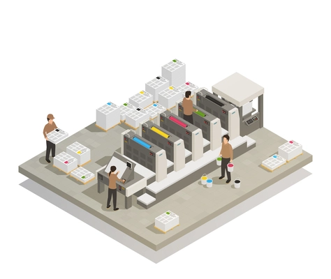 Printing house facility offset production line industrial equipment with operating personnel isometric composition vector illustration