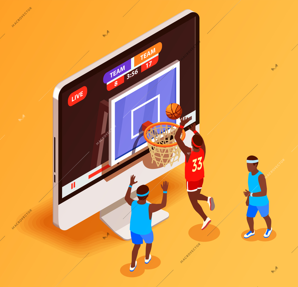 Basketball isometric betting online conceptual composition with desktop computer display and basketball hoop with player figures vector illustration