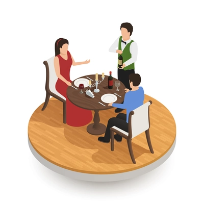 Waiter with bottle of vine and couple of young people tasting wine in restaurant isometric design concept vector illustration