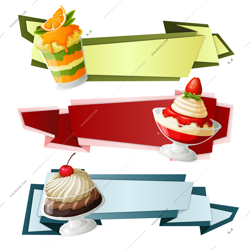 Decorative sweets food paper banners set with chocolate cream cherry syrup in glass dessert isolated vector illustration