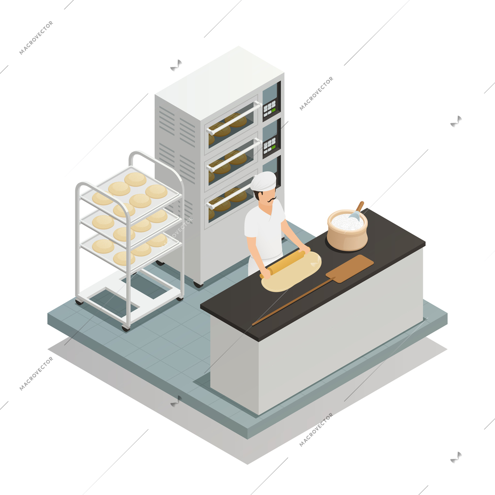 Bakery isometric composition with baker rolling out dough by rolling pin for baking bread vector illustration