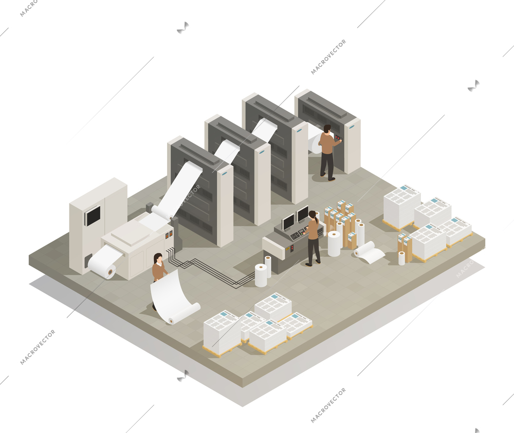 Printing house facility rotary press production process with industrial equipment and operating personnel isometric composition vector illustration