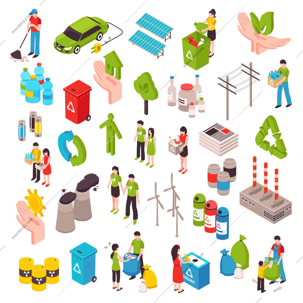 Ecology isometric set with people involved in cleaning environment waste bags solar panels wind turbines isolated vector illustration