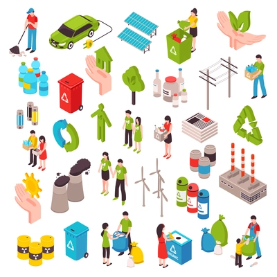 Ecology isometric set with people involved in cleaning environment waste bags solar panels wind turbines isolated vector illustration