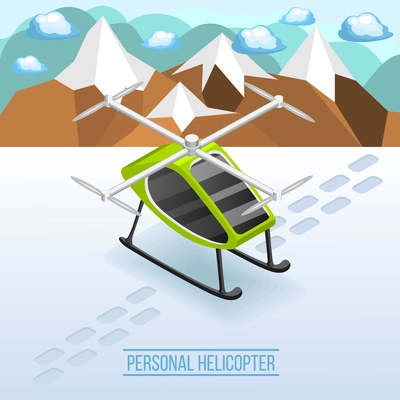 Future transport isometric winter background with personal helicopter parked on snow covered mountain landscape vector illustration
