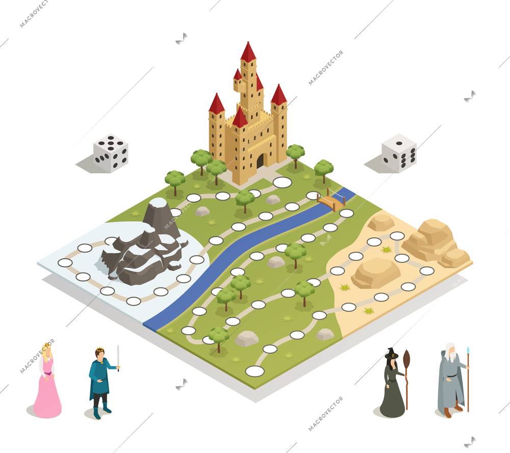 Fairy tale gameboard with castle landscape prince princess witch magician and dice isometric composition vector illustration