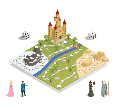 Fairy tale gameboard with castle landscape prince princess witch magician and dice isometric composition vector illustration