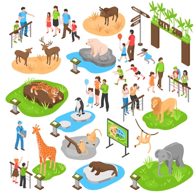 City zoo isometric set with adult and kid visitors and animals of african arctic asian zones isolated vector illustration