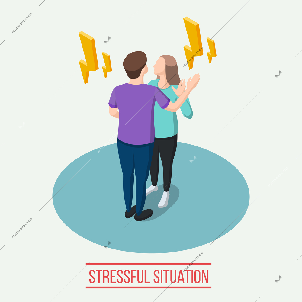 Stressful situation isometric composition with yellow lightnings around man and woman during emotional communication vector illustration