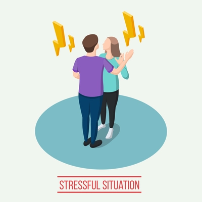 Stressful situation isometric composition with yellow lightnings around man and woman during emotional communication vector illustration