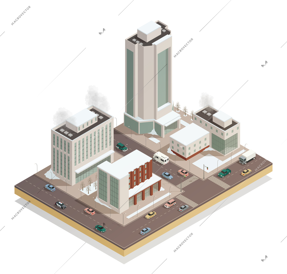 Freezy winter day in city center isometric view with modern tower buildings and vehicles on streets vector illustration