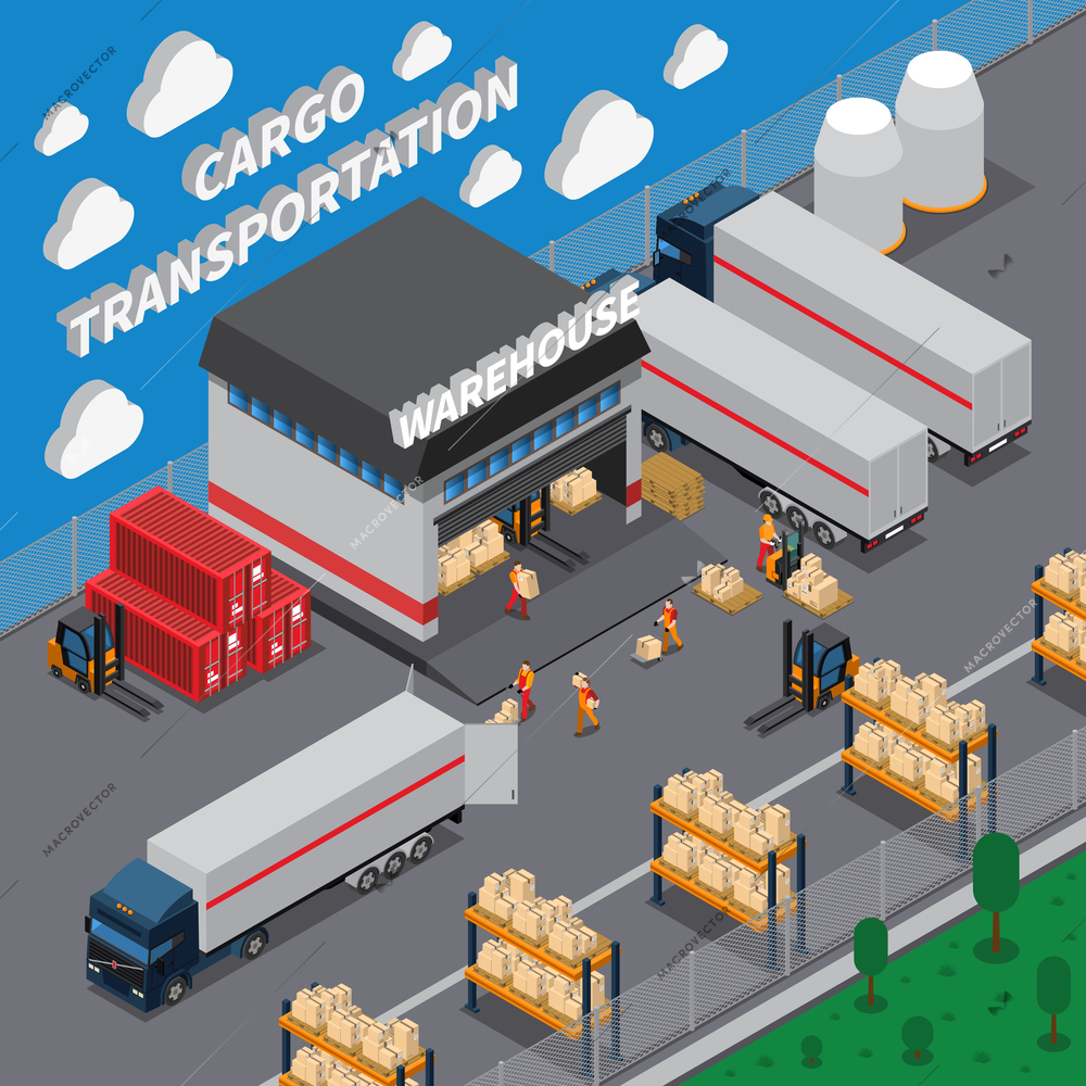 Cargo transportation isometric composition with warehouse, parking, shelves with goods, loading packages in truck vector illustration