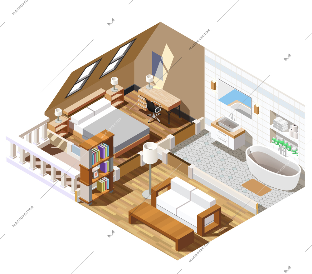 Apartment interior isometric composition with bathroom in white color, lounge, bedroom with windows in roof vector illustration