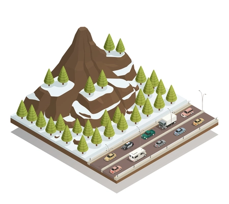 Winter snowy landscape isometric composition with rocky mountains fir-trees and busy motorway road beneath vector illustration