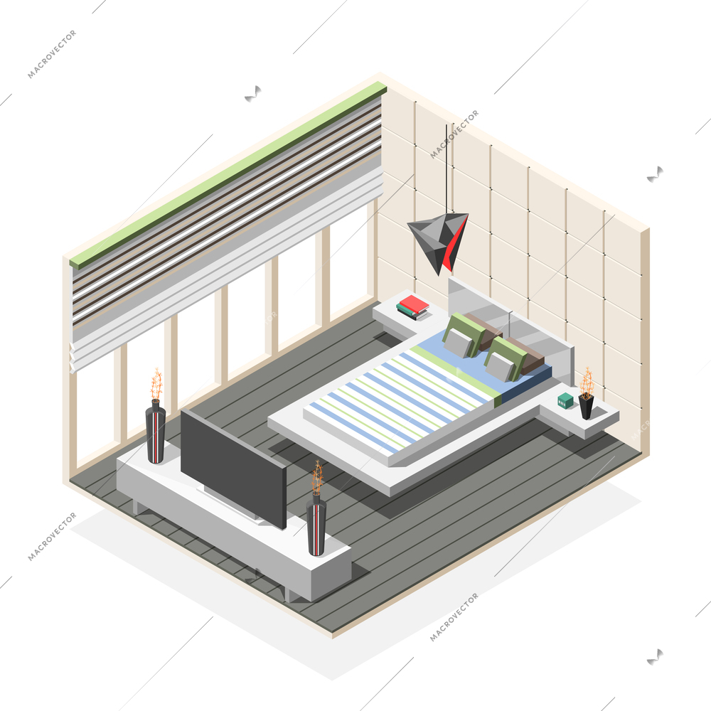 Futuristic bedroom interior isometric composition in white grey color with bed, night tables, tv vector illustration