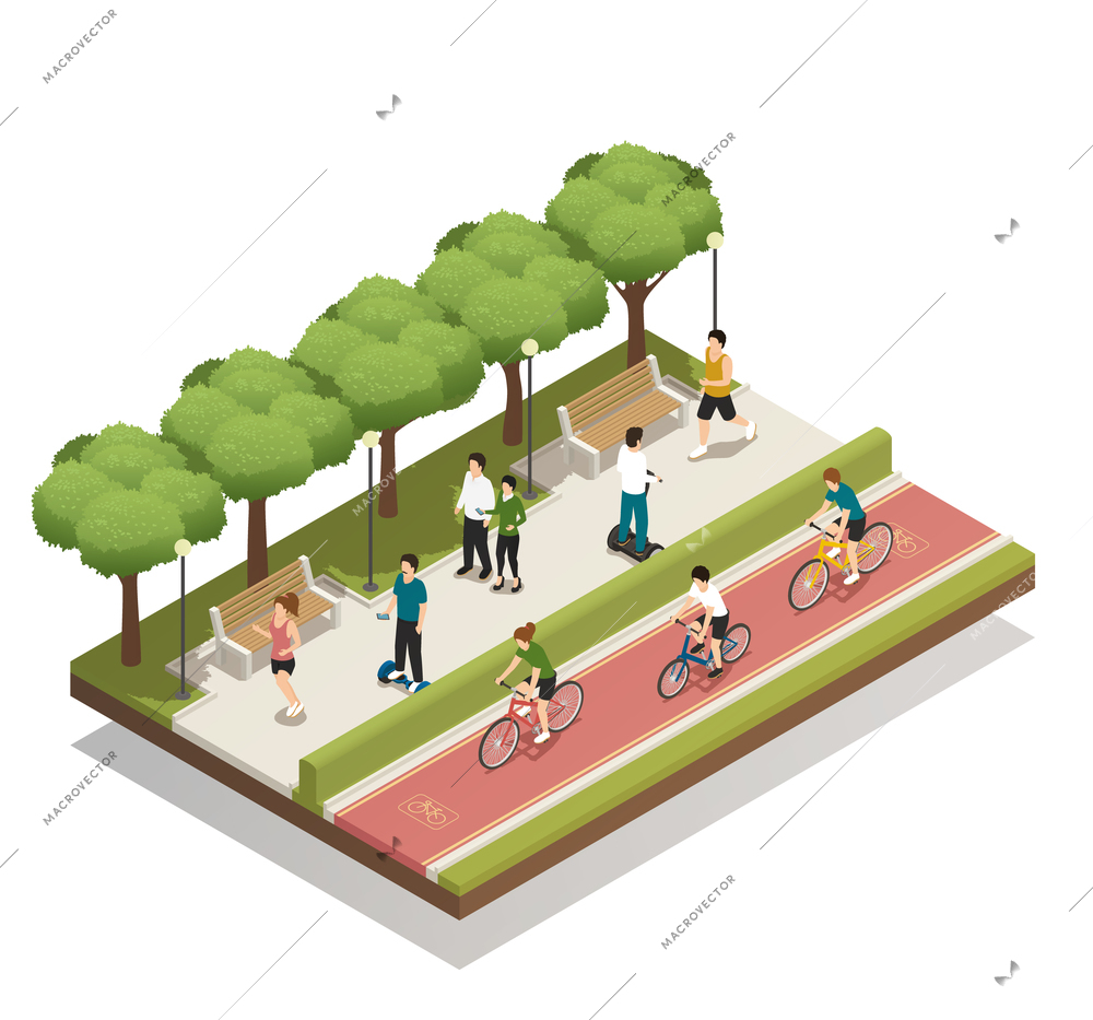 Urban landscape composition with people in city park riding personal eco green transport isometric vector illustration