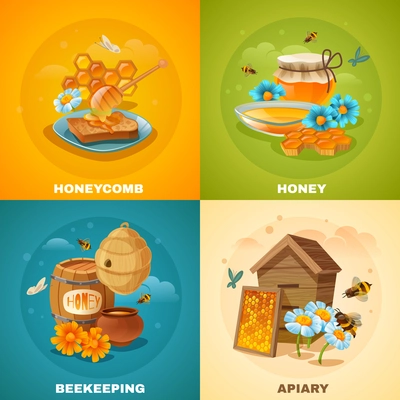 Honey design concept with bees and flowers, honeycomb, apiary, beekeeping isolated on color background cartoon vector illustration