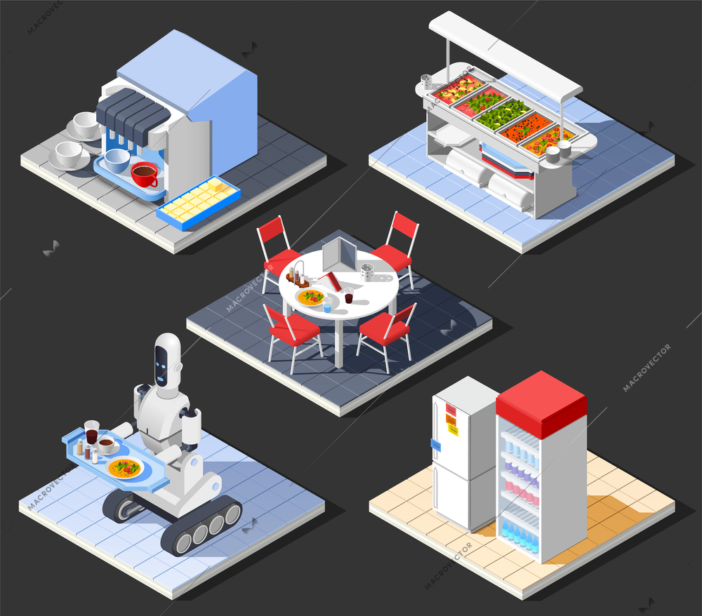 Fast food self service restaurant isometric interior composition with set of furniture and cooking equipment images vector illustration