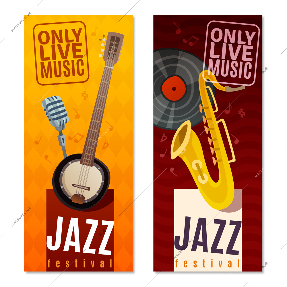 Jazz festival set of vertical banners with musical instruments, vinyl record on textured background isolated vector illustration