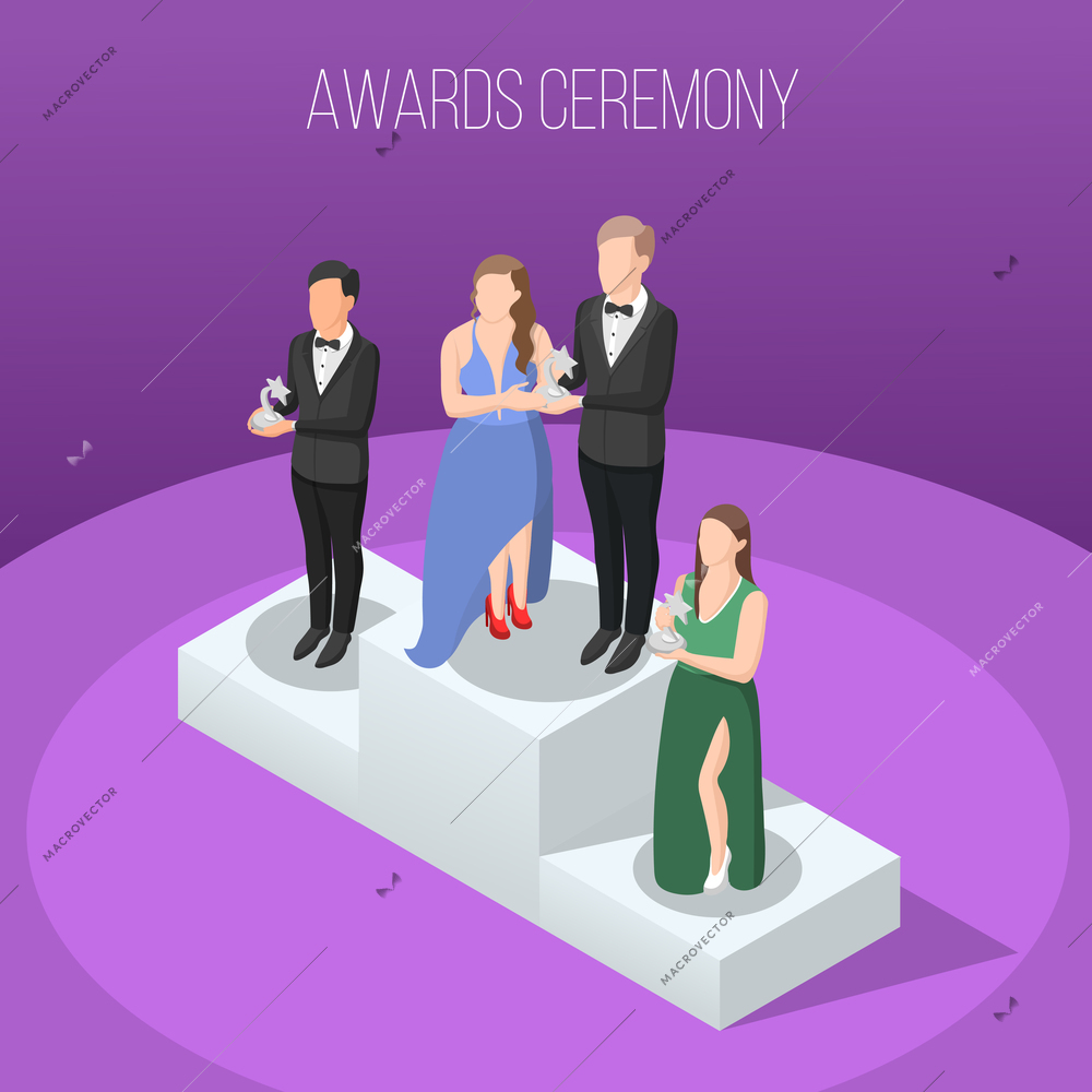 Awards ceremony isometric composition  with young stars on pedestal with prizes on purple background vector illustration