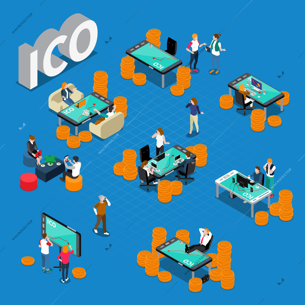 ICO concept isometric composition with cryptocurrency dynamics on mobile device screen on blue background vector illustration