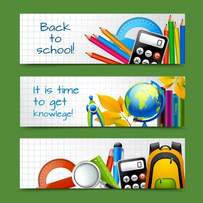 Squared notebook paper back to school education knowledge time banners set isolated vector illustration