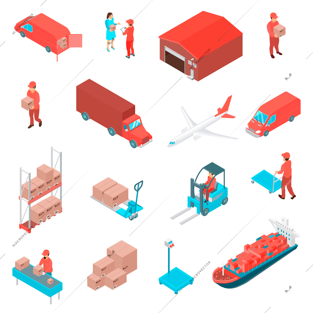 Logistic  and delivery isometric icons set with warehouse workers loader ship plane truck minivan goods boxes isolated vector illustration