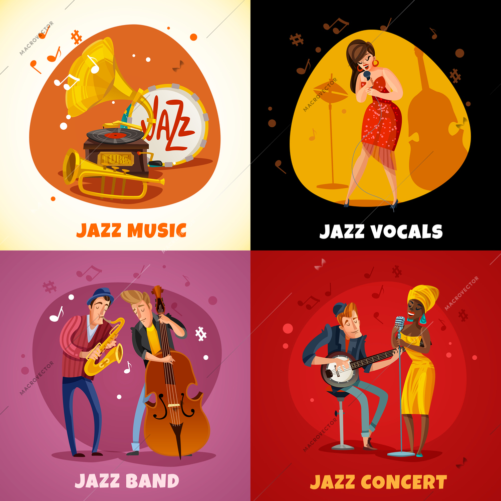 Jazz music design concept with performance in band, concert, women singers, musical instruments isolated vector illustration