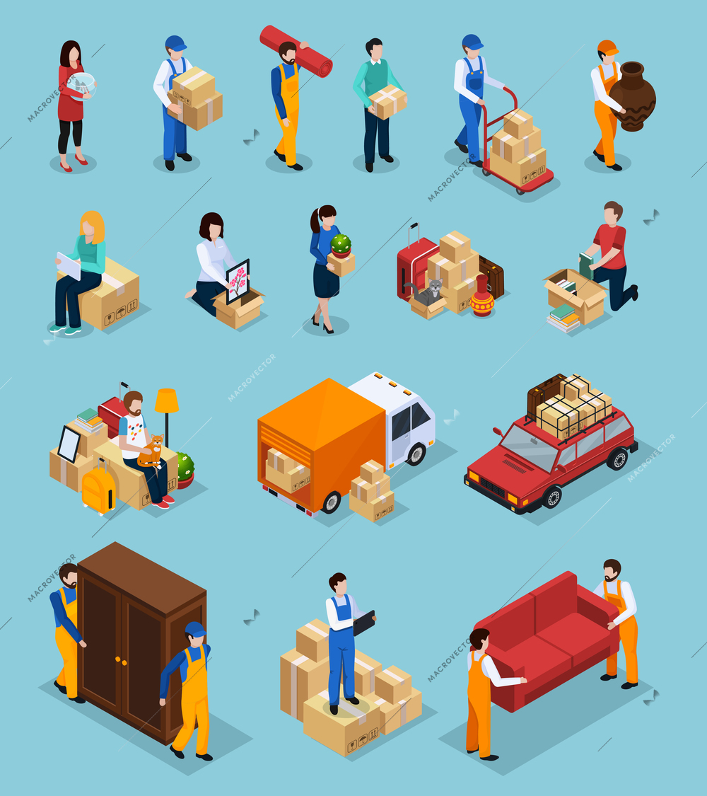 Relocation service isometric icons with clients and loaders, packages, furniture, vehicles isolated on blue background vector illustration