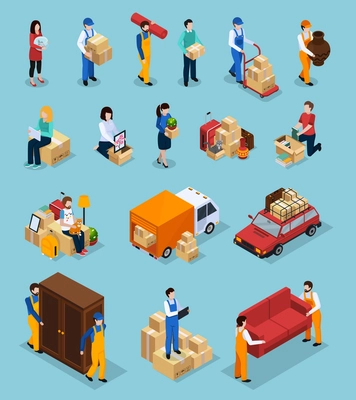 Relocation service isometric icons with clients and loaders, packages, furniture, vehicles isolated on blue background vector illustration