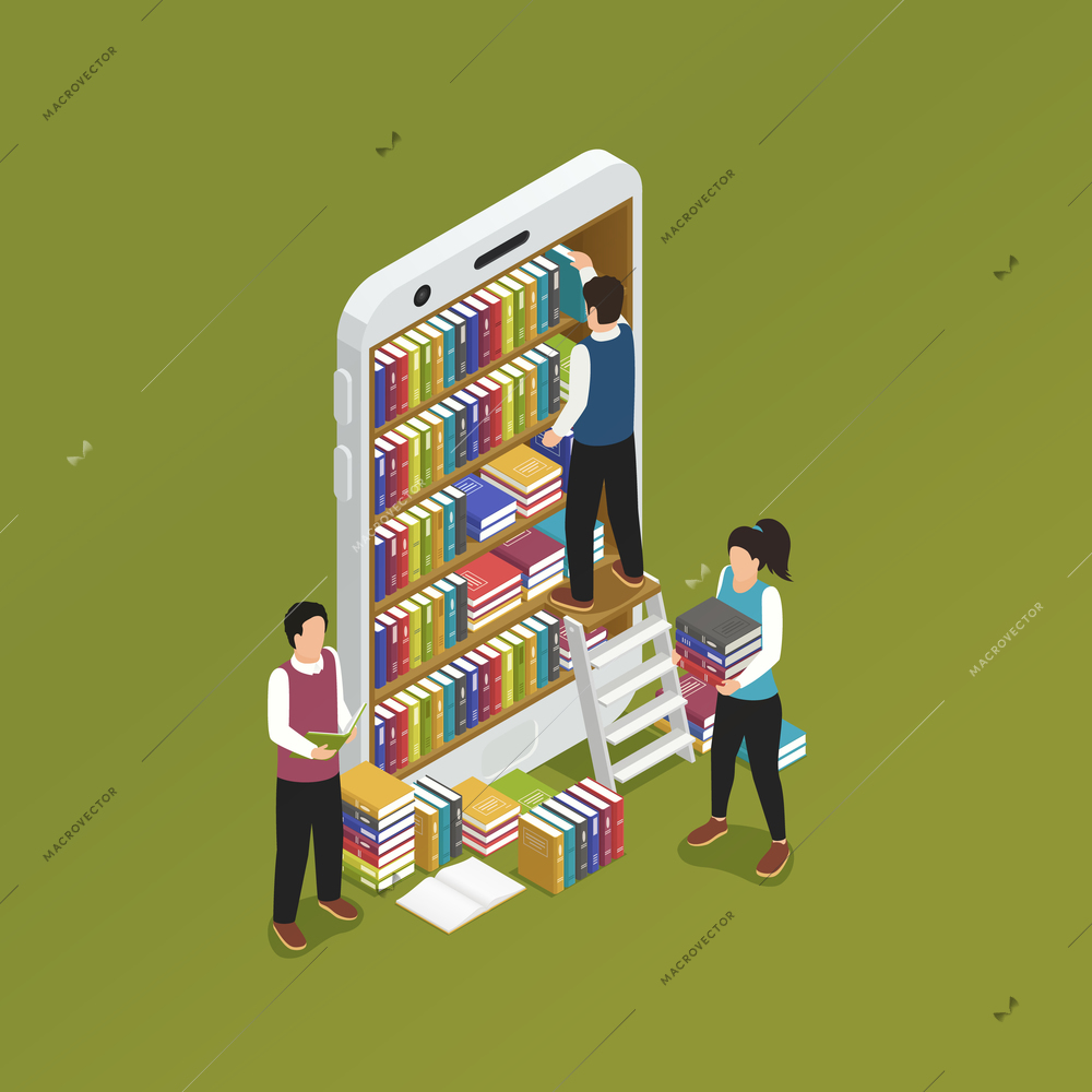 E-learning online with smartphone isometric symbolic composition with library mobile phone screen forming bookshelves vector illustration