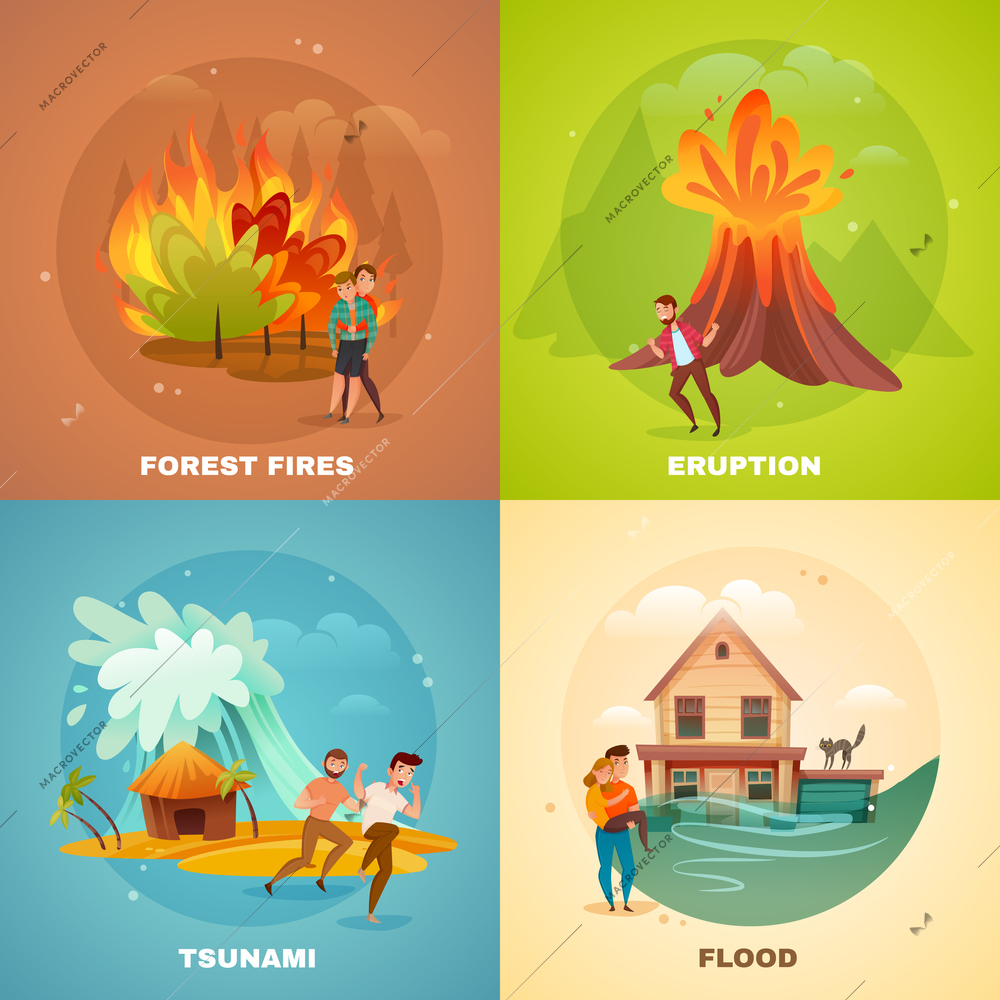 Natural disasters design concept with forest fires, volcano eruption, tsunami, flood isolated on color background vector illustration