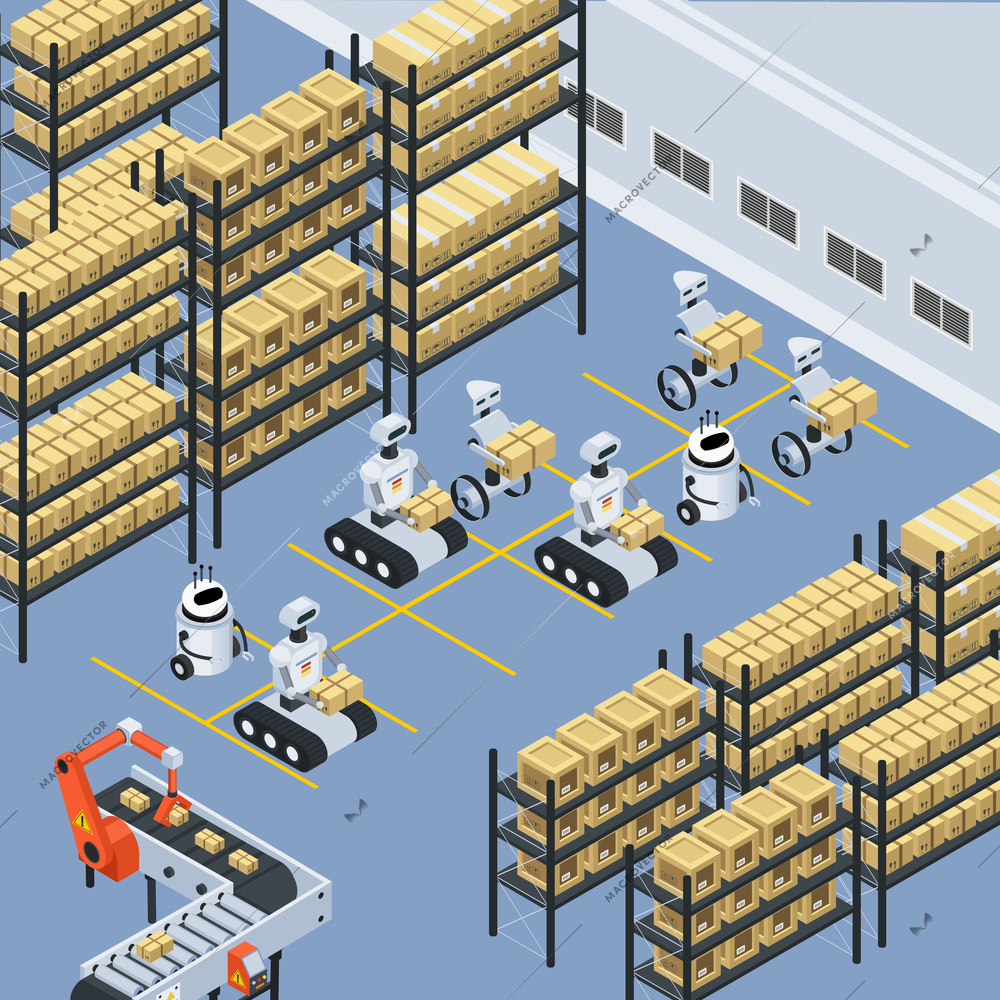 Automated logistics warehouse storage facility isometric composition with unmanned robots sorting moving and placing parcels vector illustration