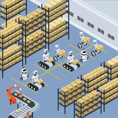 Automated logistics warehouse storage facility isometric composition with unmanned robots sorting moving and placing parcels vector illustration