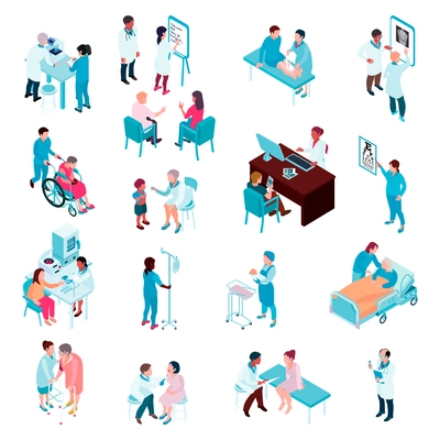 Medical care isometric set of doctors and nurses working with patients in hospital departments vector illustration