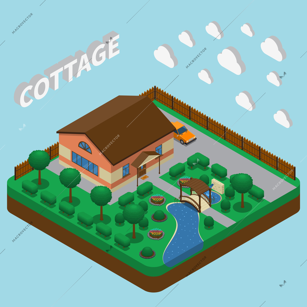 Isometric house composition with 3d text and images of clouds cottage with fenced adjacent territory vector illustration