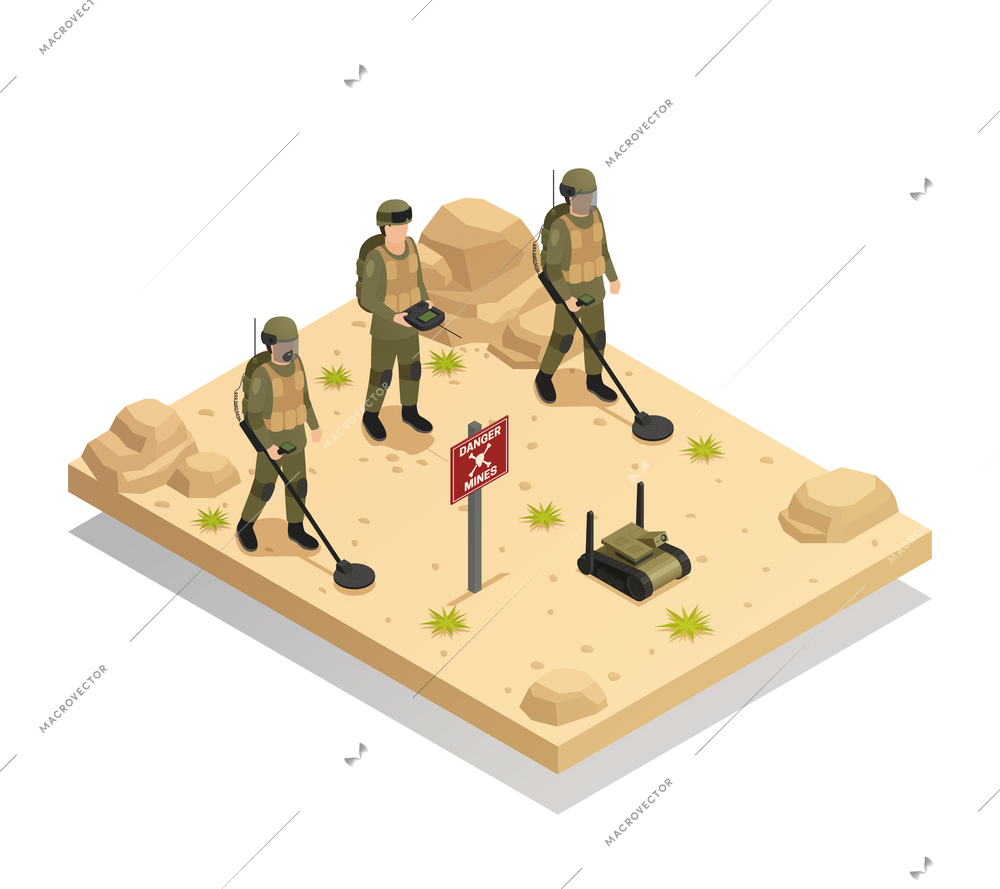 Military landmine clearing equipment with automated  demining robots isometric composition of mines detecting and removal vector illustration