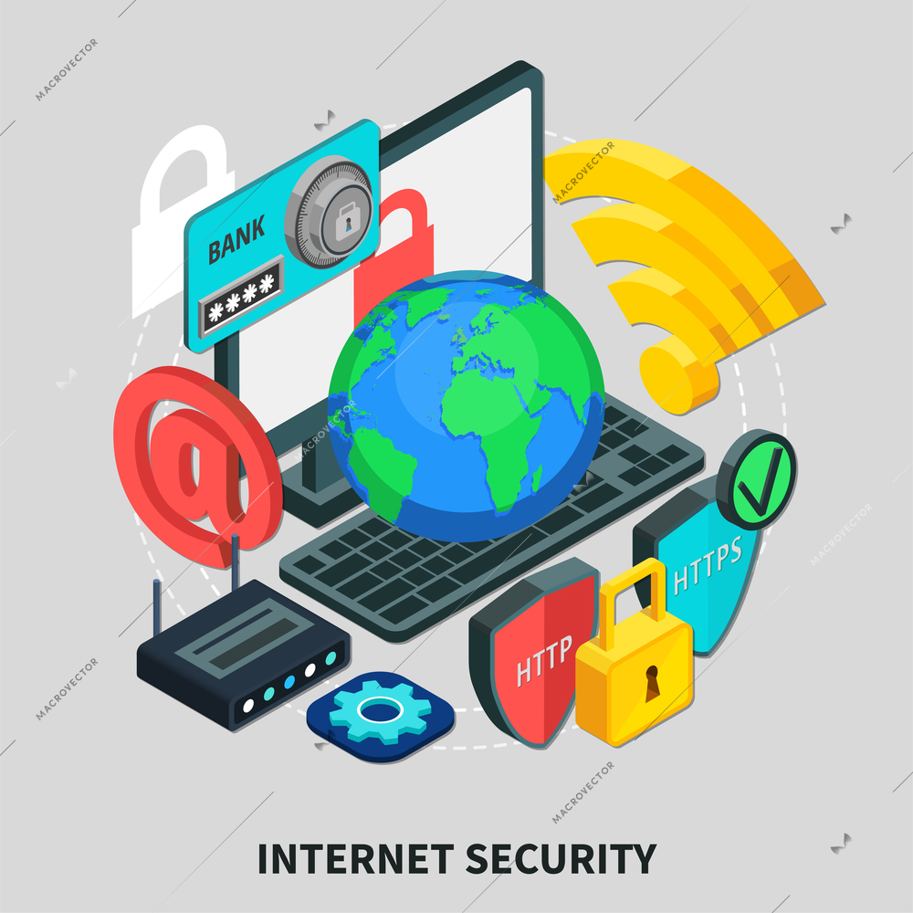 Internet security design concept set of laptop email http lock wifi modem globe isometric icons 3d vector illustration