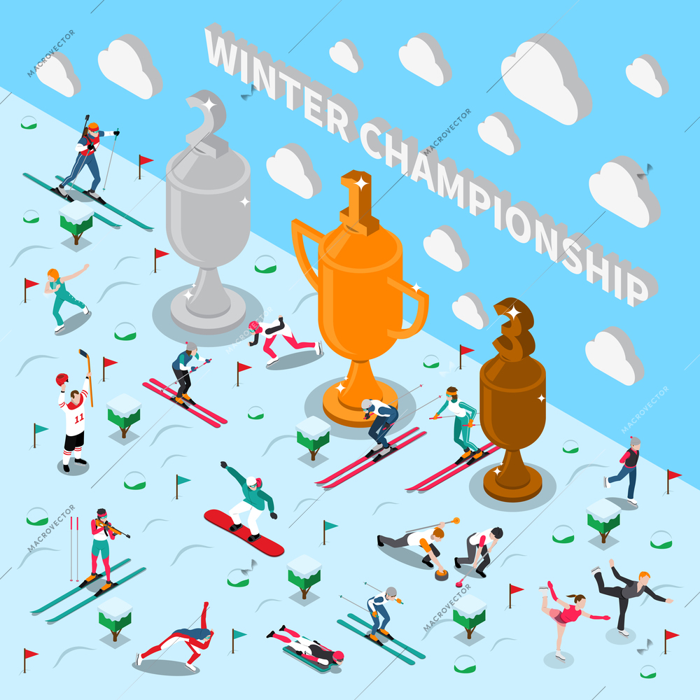 Winter sport isometric people composition with conceptual composition of athlete figures sport equipment and trophy cups vector illustration