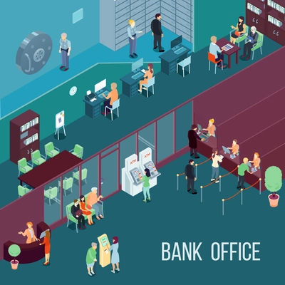 Bank office isometric vector illustration  with employees customers terminals and bank vault vector illustration