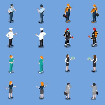 Professions uniform isometric people set of isolated human characters in various uniform representing different occupations vector illustration