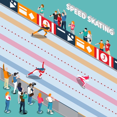 Winter sport isometric people composition with view of speed skating race track with characters of people vector illustration