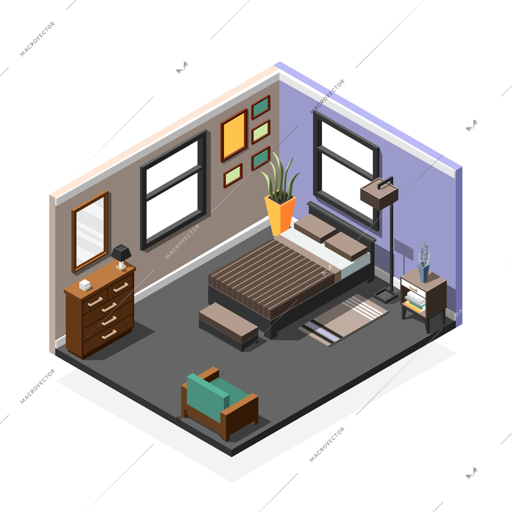 Isometric interior composition of single bedroom with queen bed furniture and two windows in separate walls vector illustration