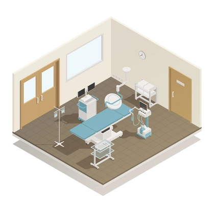 Hospital operation room surgical and examining table lights cooling infusion medical equipment supply  isometric view vector illustration