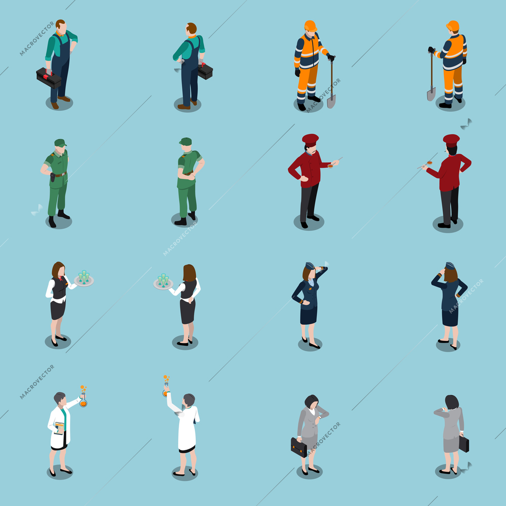 Professions uniform isometric people set of isolated faceless human characters dressed in appropriate utility clothing vector illustration