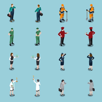 Professions uniform isometric people set of isolated faceless human characters dressed in appropriate utility clothing vector illustration