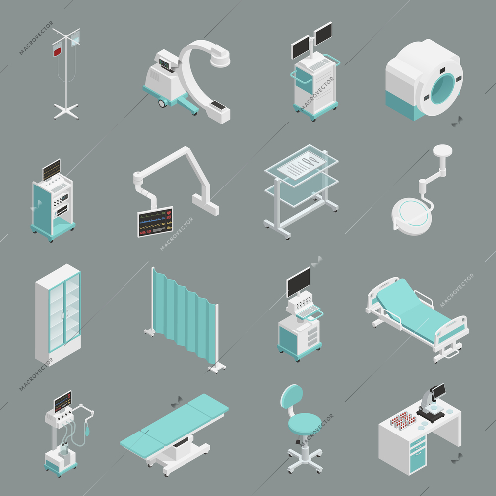 Hospital medical equipment isometric icons collection with operation table patient bed infuse and mri scanner isolated vector illustration