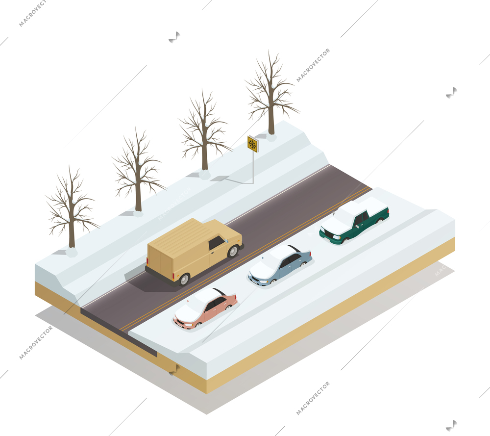 Winter road with riding pickup truck and cars parked at roadside under snow isometric composition vector illustration