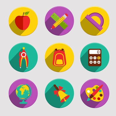 Flat school education icons set of apple stationery angle protractor isolated vector illustration